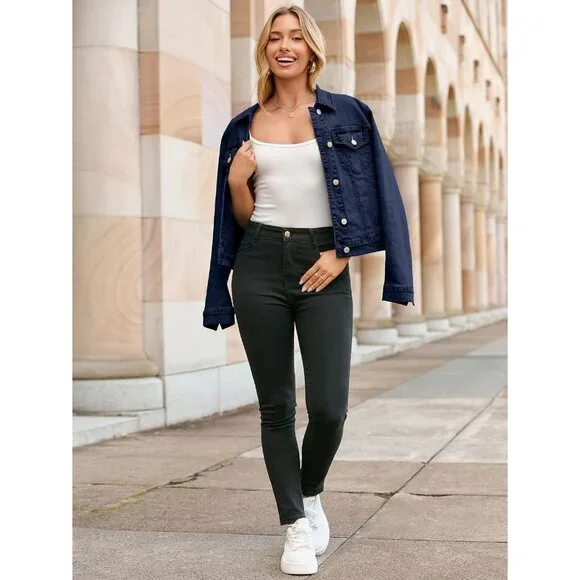 Women's Jean Jacket Long Sleeve Denim Jacket Button Down with Pockets Navy Blue